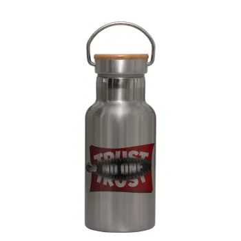 Trust no one... (zipper), Stainless steel metallic thermos flask, silver with a bamboo lid, double-walled, 350ml.