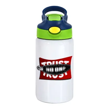 Trust no one... (zipper), Children's hot water bottle, stainless steel, with safety straw, green, blue (350ml)