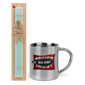 Trust no one... (zipper), Easter Set, metallic thermal cup (300ml) & aromatic flat Easter candle (30cm) (TURQUOISE)