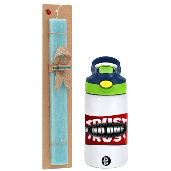 Trust no one... (zipper), Easter Set, Children's thermal stainless steel bottle with safety straw, green/blue (350ml) & aromatic flat Easter candle (30cm) (TURQUOISE)