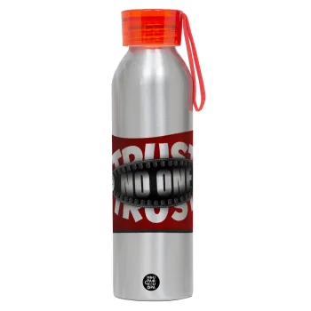 Trust no one... (zipper), Αλουμινένιο Αθλητικό Μπουκάλι 650ml – Ασημί με Κόκκινο Καπάκι και Λουράκι Σιλικόνης