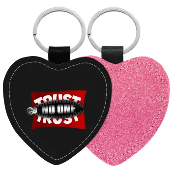 Trust no one... (zipper), Μπρελόκ PU δερμάτινο glitter καρδιά ΡΟΖ
