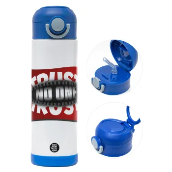 Trust no one... (zipper), Children's hot water bottle, stainless steel, with safety straw, BLUE (500ml)