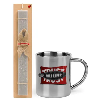 Trust no one... (zipper), Easter Set, metallic thermal cup (300ml) & Easter aromatic flat candle (30cm) (GRAY)