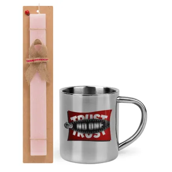 Trust no one... (zipper), Easter Set, metallic thermal cup (300ml) & aromatic flat Easter candle (30cm) (PINK)