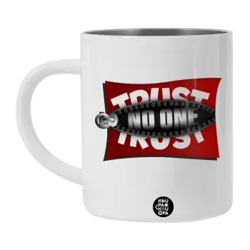 Trust no one... (zipper), Λευκή Ανοξείδωτη Μεταλλική Κούπα 450ml - Διπλού Τοιχώματος 