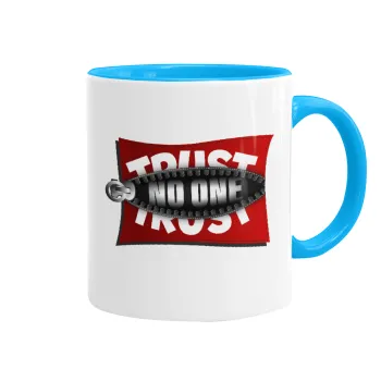 Trust no one... (zipper), Κούπα χρωματιστή γαλάζια, κεραμική, 330ml