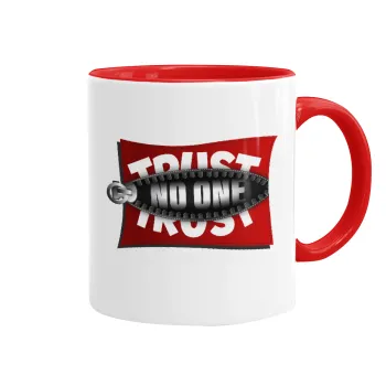 Trust no one... (zipper), Mug colored red, ceramic, 330ml