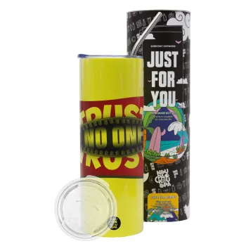 Trust no one... (zipper), Neon Yellow Travel Tumbler θερμό, μεταλλικό καλαμάκι(Ανωξείδωτο 304 Food grade, BPA free, 600ml)