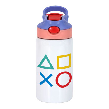 Gaming Symbols, Children's hot water bottle, stainless steel, with safety straw, pink/purple (350ml)