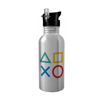 Gaming Symbols, Water bottle Silver with straw, stainless steel 600ml