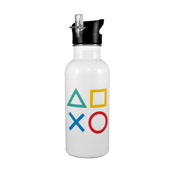 Gaming Symbols, White water bottle with straw, stainless steel 600ml