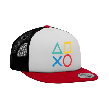 Gaming Symbols, Adult Foam Flat Snapback with Mesh Red-White-Black (POLYESTER, ADULT, UNISEX, ONE SIZE)