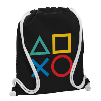 Gaming Symbols, Τσάντα πλάτης πουγκί GYMBAG Μαύρη, με τσέπη (40x48cm) & χονδρά λευκά κορδόνια