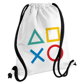 Gaming Symbols, Τσάντα πλάτης πουγκί GYMBAG λευκή, με τσέπη (40x48cm) & χονδρά κορδόνια