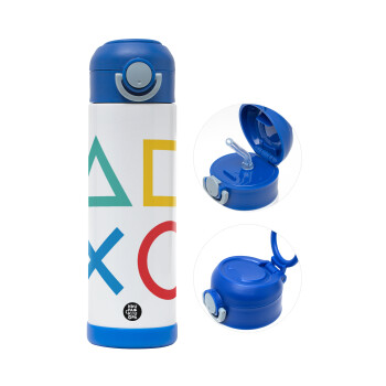 Gaming Symbols, Children's hot water bottle, stainless steel, with safety straw, BLUE (500ml)