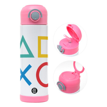 Gaming Symbols, Children's hot water bottle, stainless steel, with safety straw, PINK (500ml)