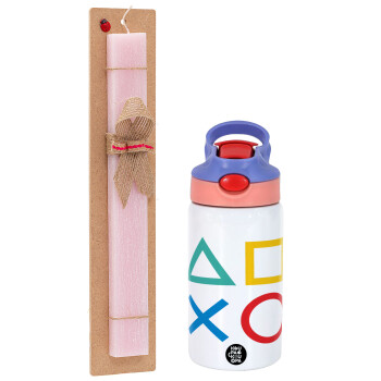 Gaming Symbols, Easter Set, Children's thermal stainless steel water bottle with safety straw, pink/purple (350ml) & Easter scented flat candle (30cm) (PINK)