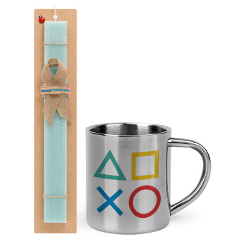 Gaming Symbols, Easter Set, metallic thermal cup (300ml) & aromatic flat Easter candle (30cm) (TURQUOISE)