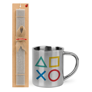 Gaming Symbols, Easter Set, metallic thermal cup (300ml) & Easter aromatic flat candle (30cm) (GRAY)