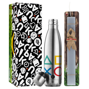 Gaming Symbols, Easter Set, metallic stainless thermos flask (500ml) & scented flat Easter candle (30cm) (GRAY)