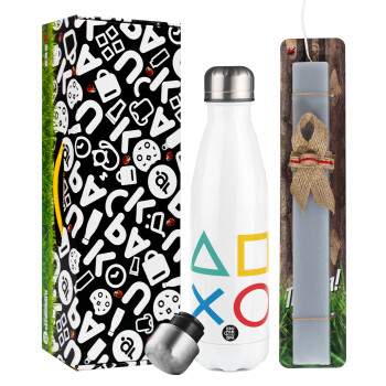 Gaming Symbols, Easter candle, metallic white thermos bottle (500ml) & aromatic flat candle (30cm) (GRAY)