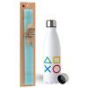 Easter Set, metallic stainless steel water bottle (750ml) & aromatic flat Easter candle (30cm) (TURQUOISE)