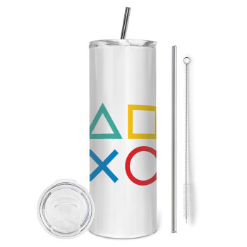Gaming Symbols, Tumbler ποτήρι θερμό από ανοξείδωτο ατσάλι 600ml, με μεταλλικό καλαμάκι & βούρτσα καθαρισμού