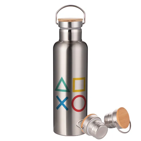 Gaming Symbols — Stainless steel Silver with wooden lid (bamboo), double wall, 750ml