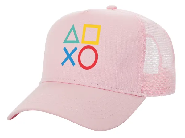 Gaming Symbols — Adult Structured Trucker Hat, with Mesh, PINK (100% COTTON, ADULT, UNISEX, ONE SIZE)