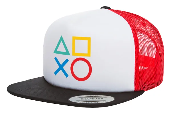 Gaming Symbols — Adult Foam Flat Snapback with Mesh Black-White-Red (POLYESTER, ADULT, UNISEX, ONE SIZE)