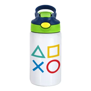 Gaming Symbols, Children's hot water bottle, stainless steel, with safety straw, green, blue (350ml)