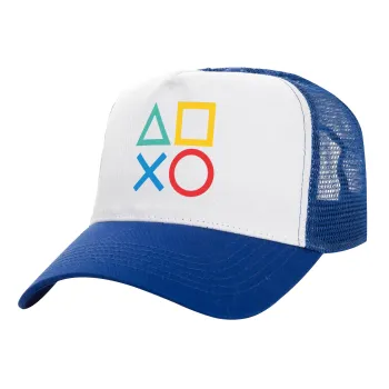 Gaming Symbols, Adult Structured Trucker Hat, with Mesh, WHITE/BLUE (100% COTTON, ADULT, UNISEX, ONE SIZE)