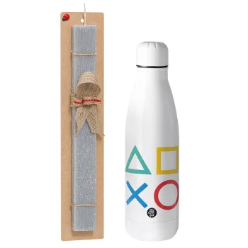 Gaming Symbols, Easter Set, metallic stainless thermos bottle (500ml) & scented flat Easter candle (30cm) (GRAY)