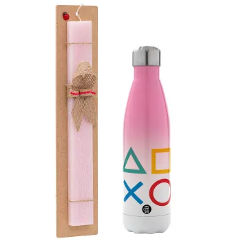 Gaming Symbols, Easter Set, Metallic pink/white (Stainless steel) thermos, double-walled, 500ml & aromatic flat Easter candle (30cm) (PINK)