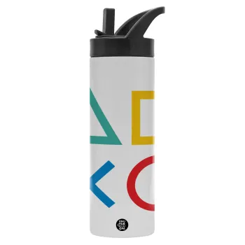 Gaming Symbols, Metallic thermos bottle with straw & handle, stainless steel (Stainless steel 304), double-walled, 600ml.