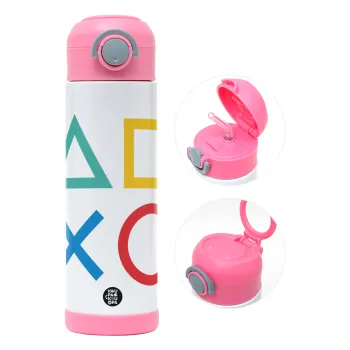 Gaming Symbols, Children's hot water bottle, stainless steel, with safety straw, PINK (500ml)