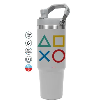 Gaming Symbols, ΓΚΡΙ χρώματος Θερμός Ανοξείδωτο 890ml (30oz) με χερούλι