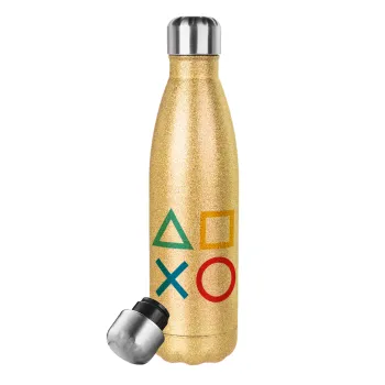 Gaming Symbols, Μεταλλικό παγούρι θερμός Glitter χρυσό (Stainless steel), διπλού τοιχώματος, 500ml