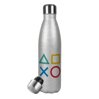 Gaming Symbols, Μεταλλικό παγούρι θερμός Glitter Aσημένιο (Stainless steel), διπλού τοιχώματος, 500ml