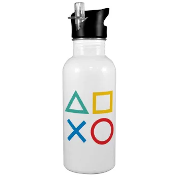 Gaming Symbols, White water bottle with straw, stainless steel 600ml