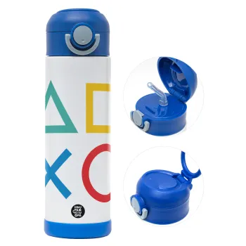 Gaming Symbols, Παιδικό παγούρι θερμό, ανοξείδωτο, με καλαμάκι ασφαλείας, ΜΠΛΕ (500ml)