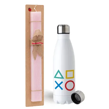 Gaming Symbols, Easter Set, metallic stainless steel water bottle (750ml) & scented flat Easter candle (30cm) (PINK)