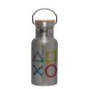 Stainless steel metallic thermos flask, silver with a bamboo lid, double-walled, 350ml.