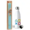 Easter Set, metallic stainless steel water bottle (750ml) & aromatic flat Easter candle (30cm) (TURQUOISE)