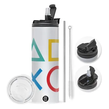Gaming Symbols, Travel Tumbler θερμό με διπλό καπάκι, μεταλλικό καλαμάκι και βούρτσα καθαρισμού (Ανωξείδωτο 304 Food grade, BPA free, 600ml)
