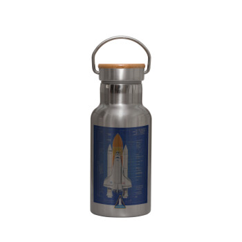 Nasa Space Shuttle, Stainless steel metallic thermos flask, silver with a bamboo lid, double-walled, 350ml.