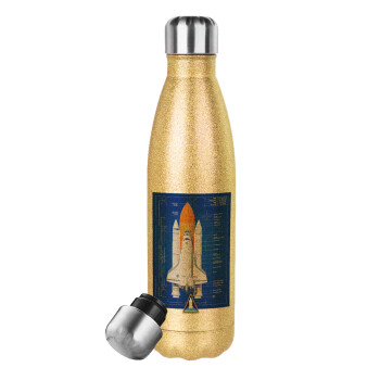 Nasa Space Shuttle, Μεταλλικό παγούρι θερμός Glitter χρυσό (Stainless steel), διπλού τοιχώματος, 500ml