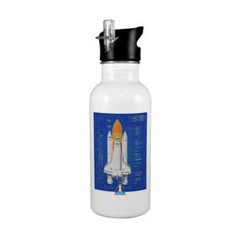 Nasa Space Shuttle, White water bottle with straw, stainless steel 600ml