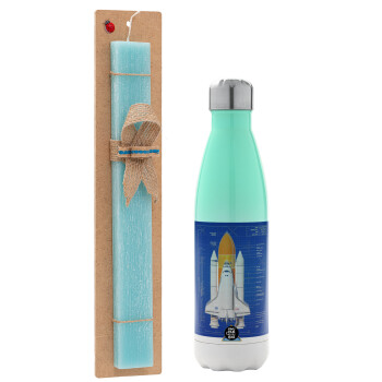 Nasa Space Shuttle, Easter Set, Metallic green/white thermos (Stainless steel), double-walled, 500ml & scented flat Easter candle (30cm) (TURQUOISE)